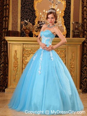 Baby Blue Sweetheart Tulle Sweet Sixteen Appliqued Dresses