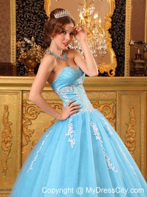 Baby Blue Sweetheart Tulle Sweet Sixteen Appliqued Dresses