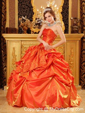 Strapless Orange Red Taffeta Dress with Flowers for Quince