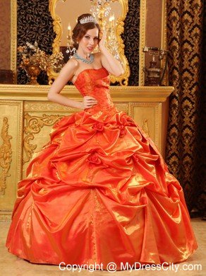 Strapless Orange Red Taffeta Dress with Flowers for Quince