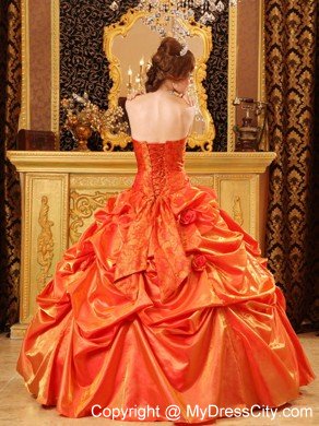 Strapless Orange Red Taffeta Dress with Flowers for Quince