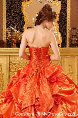 Strapless Orange Red Taffeta Dress with Flowers for Quince