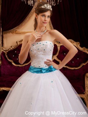 White Strapless Sweet 15 16 Birthday Dress with Blue Bow