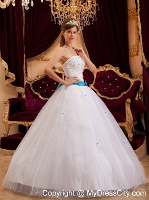 White Strapless Sweet 15 16 Birthday Dress with Blue Bow