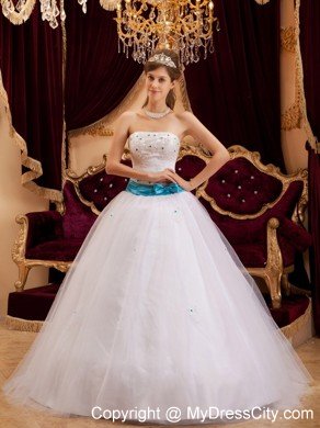 White Strapless Sweet 15 16 Birthday Dress with Blue Bow