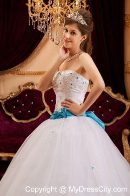 White Strapless Sweet 15 16 Birthday Dress with Blue Bow