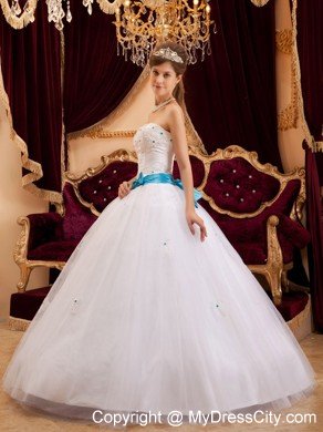 White Strapless Sweet 15 16 Birthday Dress with Blue Bow