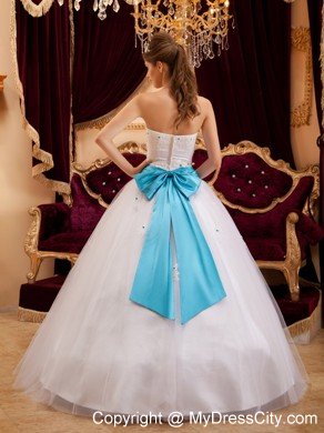 White Strapless Sweet 15 16 Birthday Dress with Blue Bow