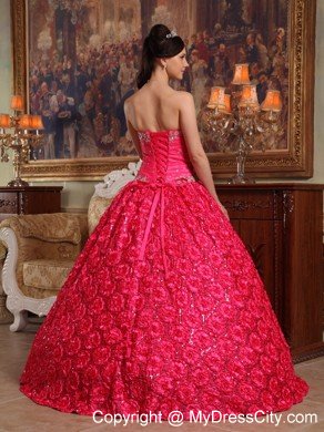 Red Strapless Fabric With Roling Flowers Dress for Sweet 16