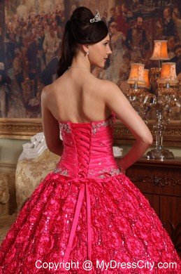 Red Strapless Fabric With Roling Flowers Dress for Sweet 16