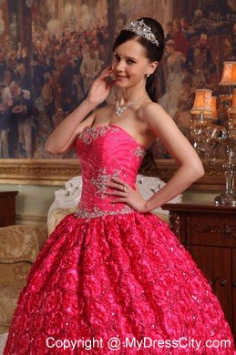 Red Strapless Fabric With Roling Flowers Dress for Sweet 16