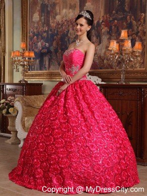 Red Strapless Fabric With Roling Flowers Dress for Sweet 16