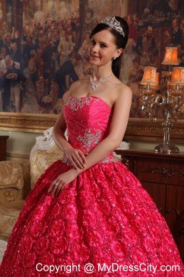 Red Strapless Fabric With Roling Flowers Dress for Sweet 16