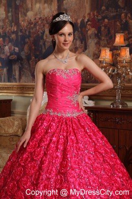 Red Strapless Fabric With Roling Flowers Dress for Sweet 16