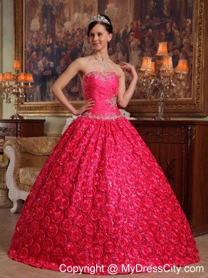 Red Strapless Fabric With Roling Flowers Dress for Sweet 16