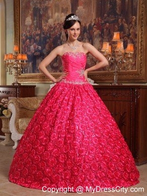 Red Strapless Fabric With Roling Flowers Dress for Sweet 16