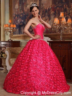 Red Strapless Fabric With Roling Flowers Dress for Sweet 16