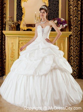 Elegant Strapless White Taffeta Quinceanera Dress Beaded