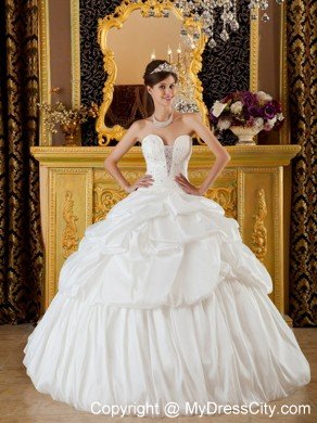 Elegant Strapless White Taffeta Quinceanera Dress Beaded