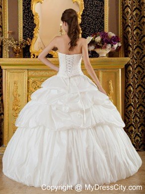 Elegant Strapless White Taffeta Quinceanera Dress Beaded