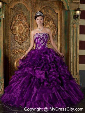 Purple Strapless Ruffled Quinceanera Dress Organza Made