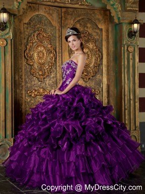 Purple Strapless Ruffled Quinceanera Dress Organza Made