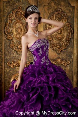 Purple Strapless Ruffled Quinceanera Dress Organza Made