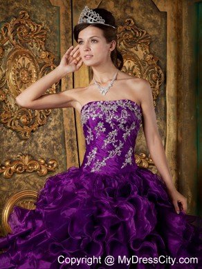 Purple Strapless Ruffled Quinceanera Dress Organza Made