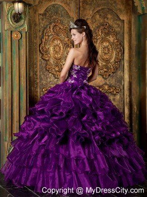 Purple Strapless Ruffled Quinceanera Dress Organza Made