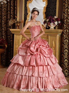 Strapless Peach Red Taffeta Beading Quinceanera Dress