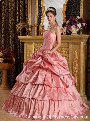 Strapless Peach Red Taffeta Beading Quinceanera Dress