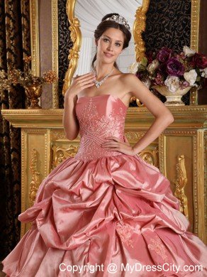 Strapless Peach Red Taffeta Beading Quinceanera Dress