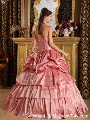 Strapless Peach Red Taffeta Beading Quinceanera Dress