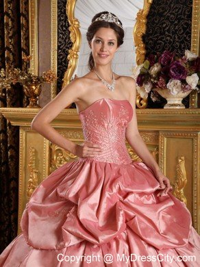 Strapless Peach Red Taffeta Beading Quinceanera Dress