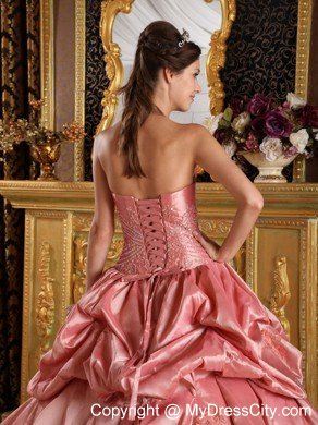 Strapless Peach Red Taffeta Beading Quinceanera Dress