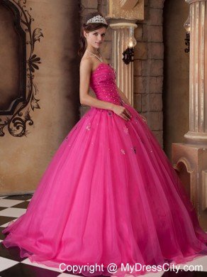 Hot Pink Sweetheart Organza Quinceanera Dress Beaded