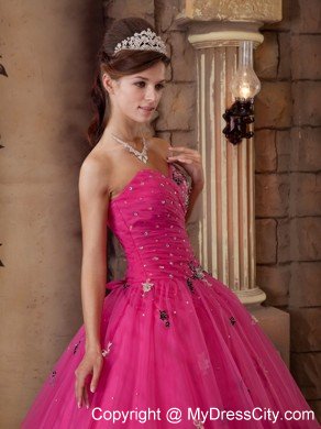 Hot Pink Sweetheart Organza Quinceanera Dress Beaded