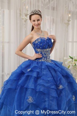 Strapless Organza Appliqued Quinceanera Dress in Blue