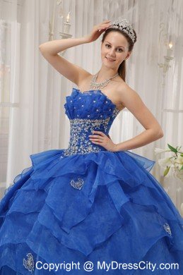 Strapless Organza Appliqued Quinceanera Dress in Blue