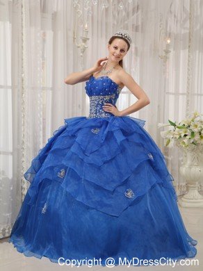 Strapless Organza Appliqued Quinceanera Dress in Blue