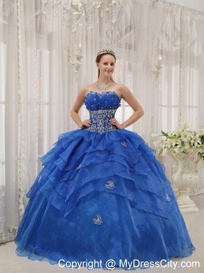 Strapless Organza Appliqued Quinceanera Dress in Blue