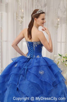 Strapless Organza Appliqued Quinceanera Dress in Blue