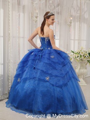 Strapless Organza Appliqued Quinceanera Dress in Blue