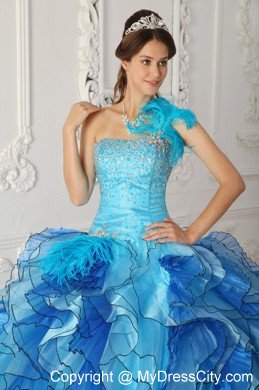 Aqua Blue Single Shoulder Satin Quinceanera Dress