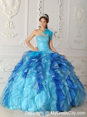 Aqua Blue Single Shoulder Satin Quinceanera Dress