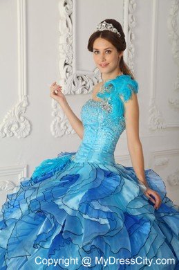 Aqua Blue Single Shoulder Satin Quinceanera Dress