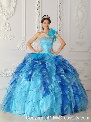 Aqua Blue Single Shoulder Satin Quinceanera Dress