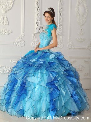 Aqua Blue Single Shoulder Satin Quinceanera Dress