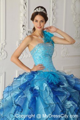 Aqua Blue Single Shoulder Satin Quinceanera Dress