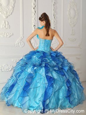 Aqua Blue Single Shoulder Satin Quinceanera Dress